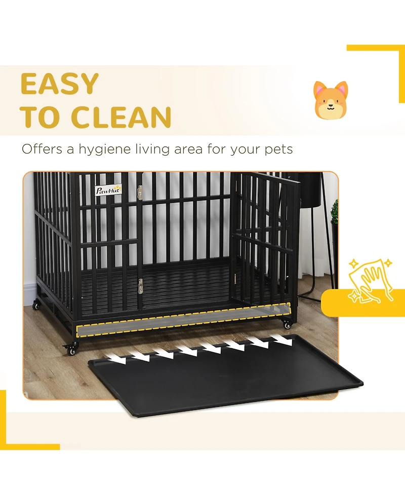 Aostirmotor Heavy Duty Metal Dog Crate Kennel with Lockable Wheels, Slide-Out Tray and Anti-Pinch Floor