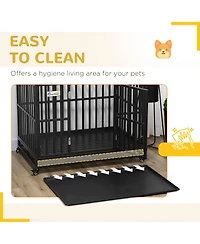 Aostirmotor Heavy Duty Metal Dog Crate Kennel with Lockable Wheels, Slide-Out Tray and Anti-Pinch Floor