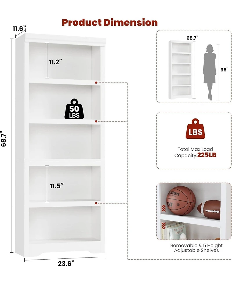 gaomon Tall Farmhouse Bookshelf, 5 Tier Open Bookcase with Adjustable Shelves and Anti-Tip, Storage Organizer for Living Room