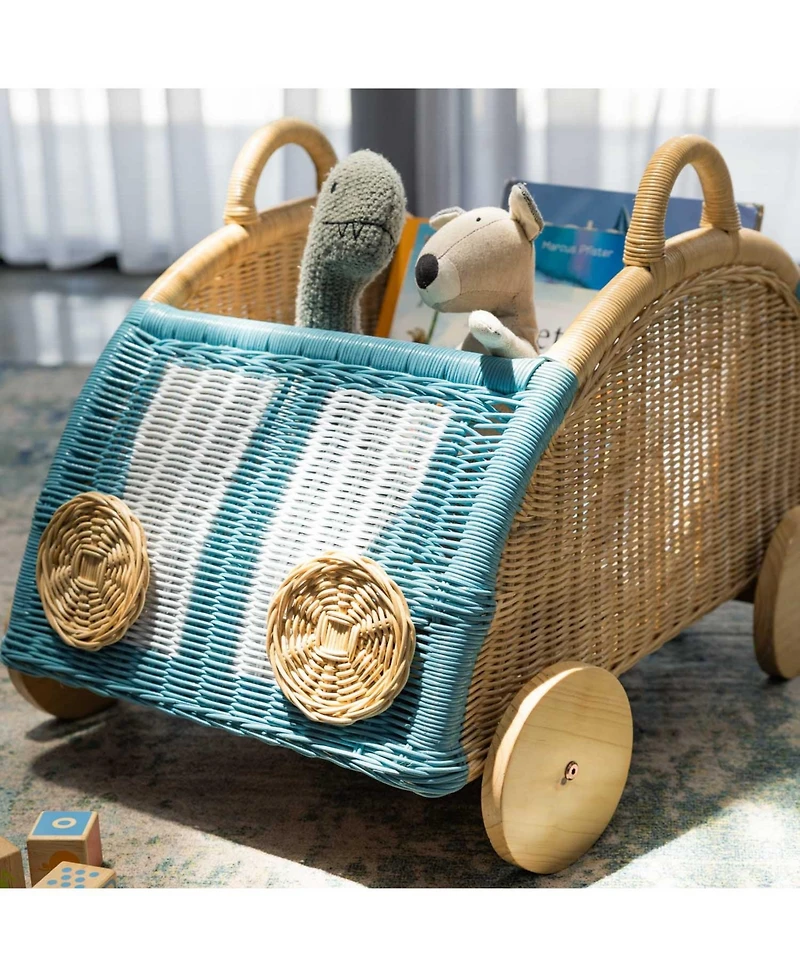 Momiji Archie Handcrafted Rattan Storage Wicker Wagon with Wooden Wheels