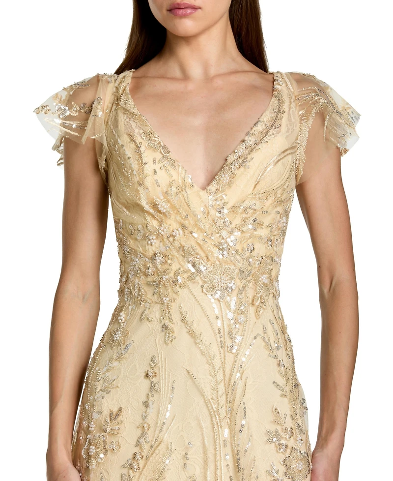 Mac Duggal Women's V Neck Flutter Sleeve Embroidered Lace Gown