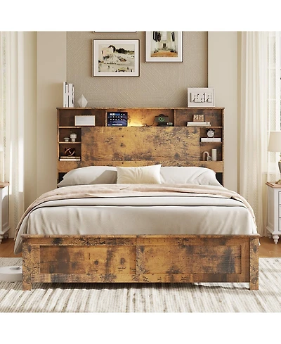 Lucky One Bed Frame with Storage Headboard, Wood Platform Bed Frame with Charging Station
