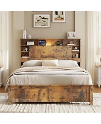 Lucky One Bed Frame with Storage Headboard, Wood Platform Bed Frame with Charging Station