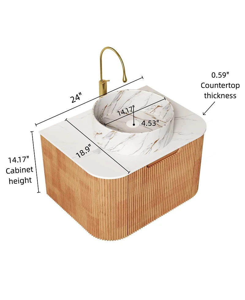 Sillysis Modern Bathroom Vanity with Stone Pattern Ceramic Basin, 3D Striped Wood Drawer, Wall Mounted Storage Cabinet