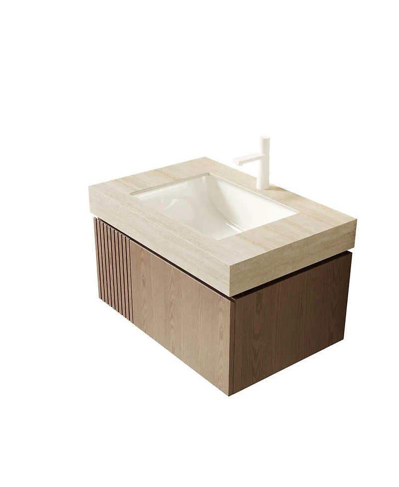 Sillysis Wall Mount Bathroom Vanity with Travertine Sintered Stone Top, Ceramic Undermount Sink, Soft Close Cabinet