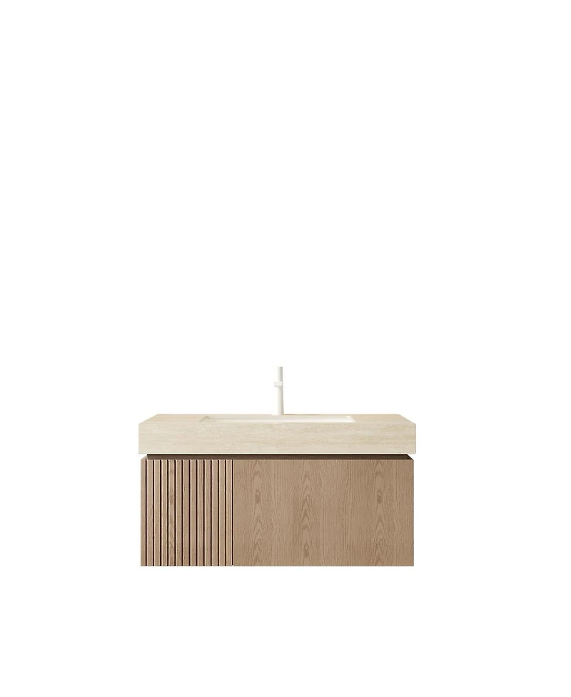 Sillysis Wall Mount Bathroom Vanity with Travertine Sintered Stone Top, Ceramic Undermount Sink, Soft Close Cabinet