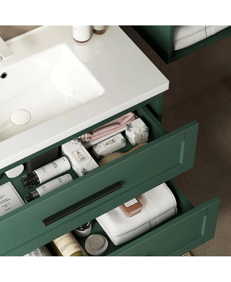 Sillysis 36 Inch Modern Bathroom Vanity with Ceramic Integrated Sink, Double Soft Close Drawers, Wall Mounted Storage Cabinet