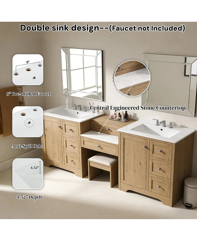 Sillysis 84 Inch Double Sink Bathroom Vanity with Solid Wood Frame, Engineered Stone Top, Soft Close Storage for Modern Homes