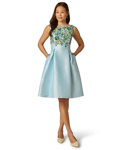 Adrianna Papell Women's Beaded Shantung Boat Neck Polyester Dress