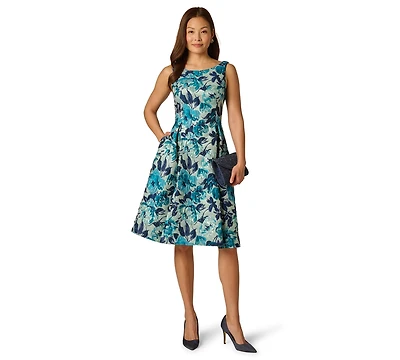 Adrianna Papell Women's Printed Metallic Boat Neck Dress