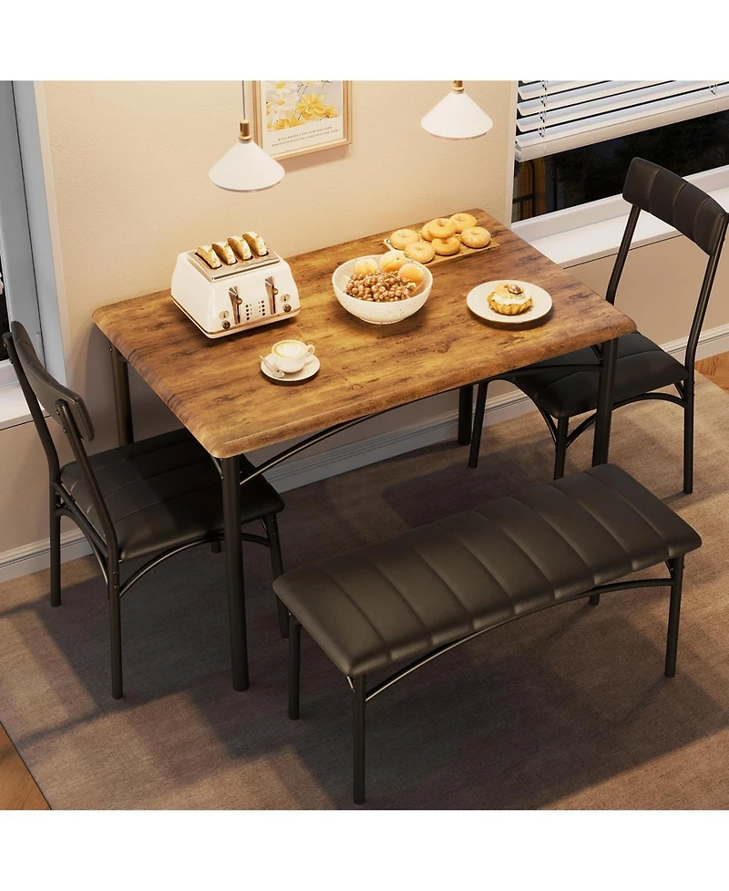 gaomon 4-Piece Wooden Dining Set, Rectangular Table, 4 Chairs and Upholstered Bench for Small Spaces