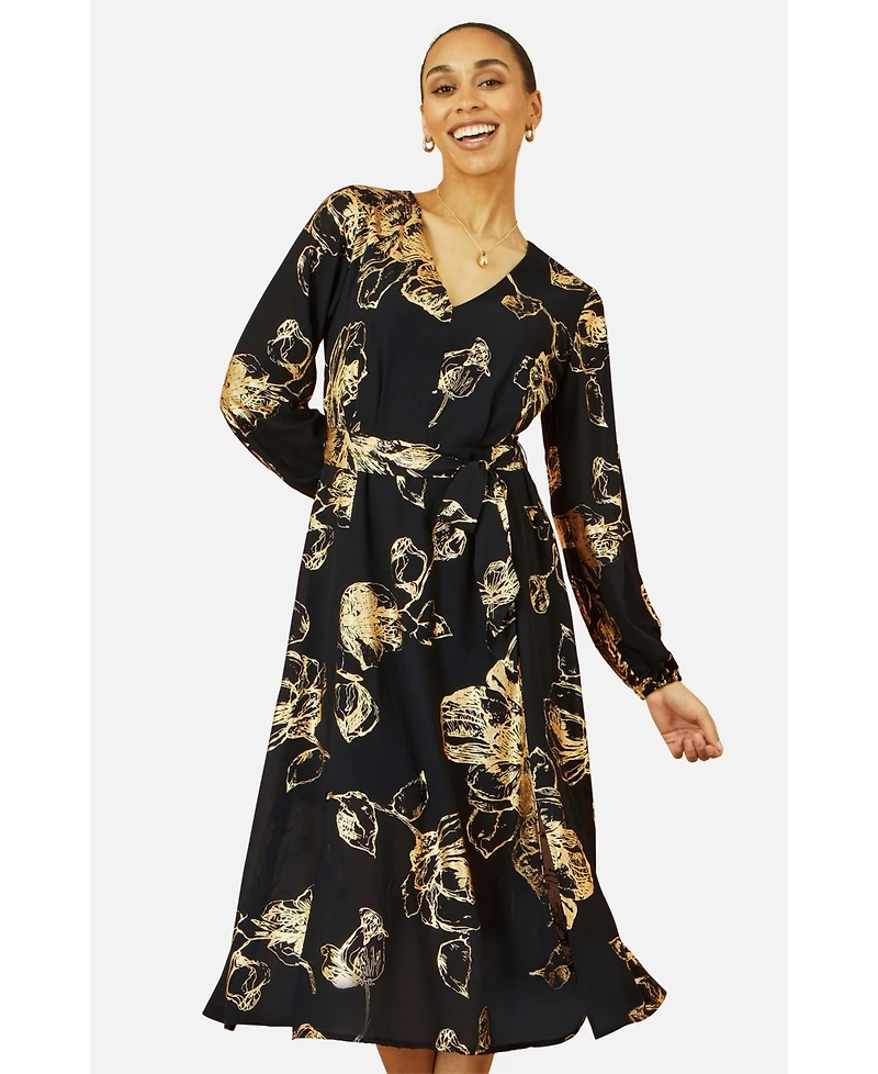 Yumi Women's Foil Rose Print Midi Dress