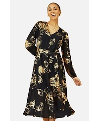 Yumi Women's Foil Rose Print Midi Dress