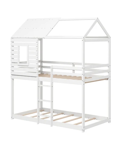 Gouun Twin over House Bunk Bed with Roof and Full-length Guardrails