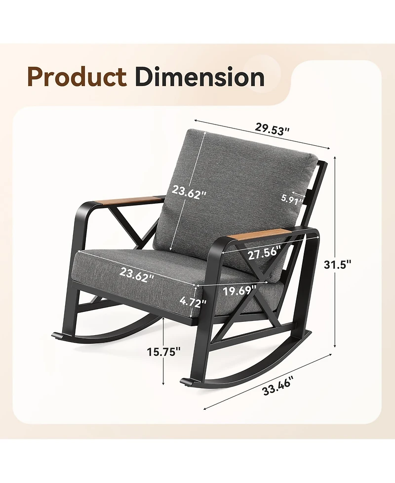 Tribesigns Outdoor Rocking Chair with Cushions, Patio Rocking Chair with Steel Frame and Olefin Fabric Seat