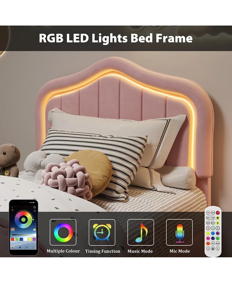 Homfan Upholstered Bed Frame with Storage Drawer and Led Headboard, Wood Slats, No Box Spring Needed