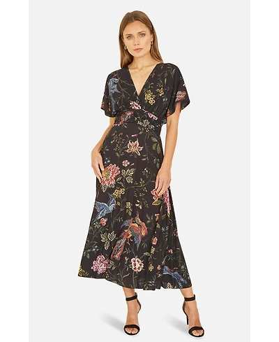 Yumi Women's Short Sleeve V-Neck Ruched Midi Dress