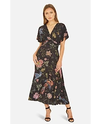 Yumi Women's Short Sleeve V-Neck Ruched Midi Dress