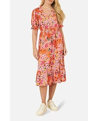 Yumi Women's Short Sleeve V-Neck Printed Midi Dress