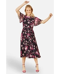 Yumi Women's Mesh Skater Floral Midi Dress