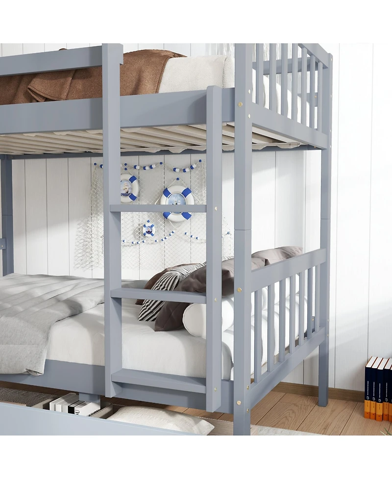 Lucky One Twin Over Twin Rubber Wood Bunk Bed with 2 Drawers, Convertible into 2 Twin Beds