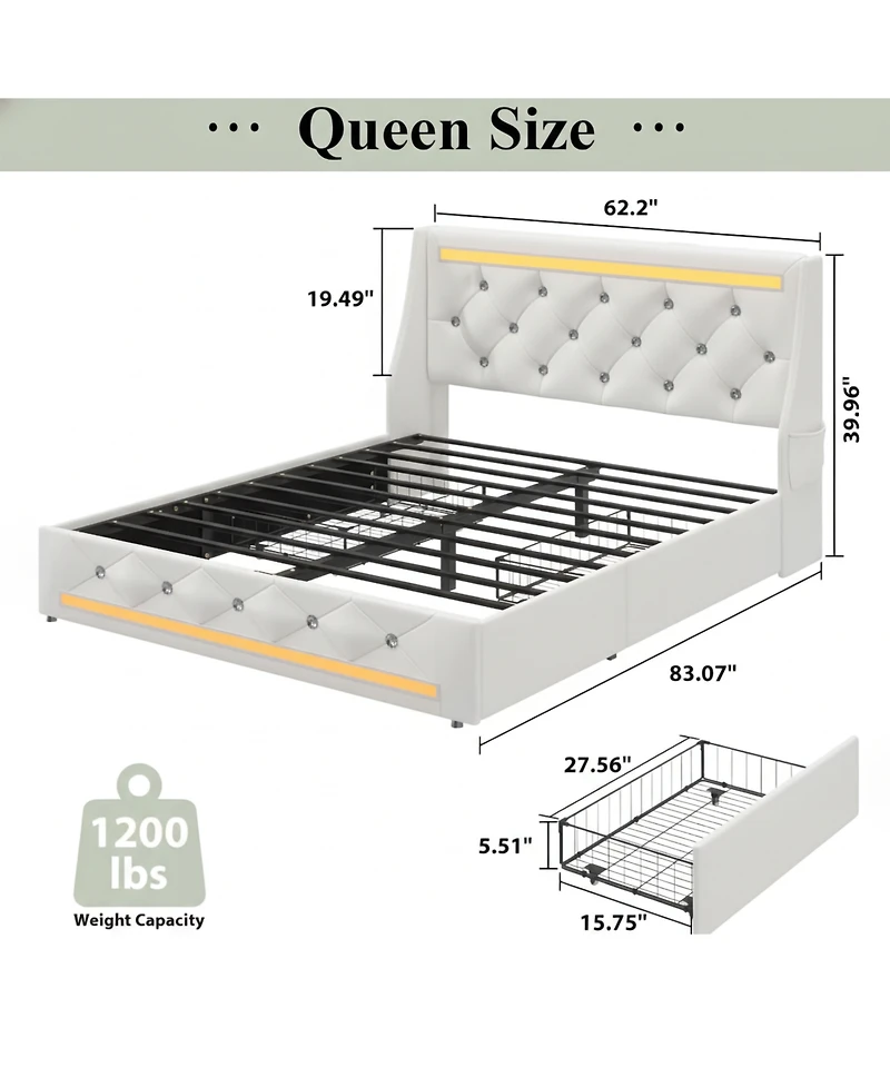 Lucky One Queen Size Bed Frame with Wingback Upholstered Diamond Headboard and 2 Storage Drawers