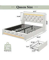 Lucky One Queen Size Bed Frame with Wingback Upholstered Diamond Headboard and 2 Storage Drawers