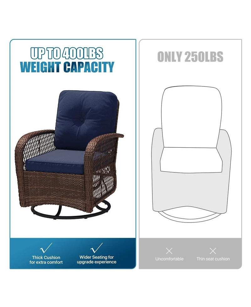 Aoxun Indoor Swivel Glider Chair 3 Piece Set Wicker Rattan Living Room Furniture with Glass Top Side Table