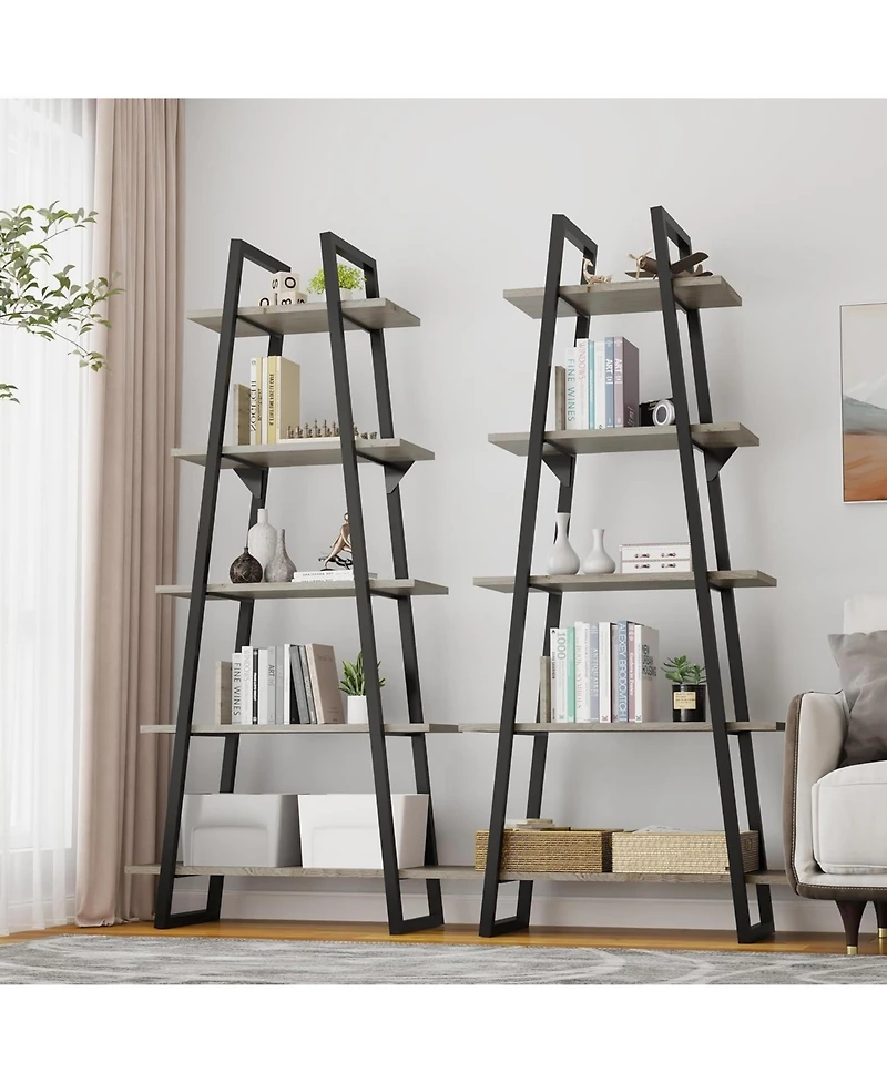 gaomon Tall Narrow 5-Tier Industrial Ladder Bookcase, Wood and Metal Storage Organizer
