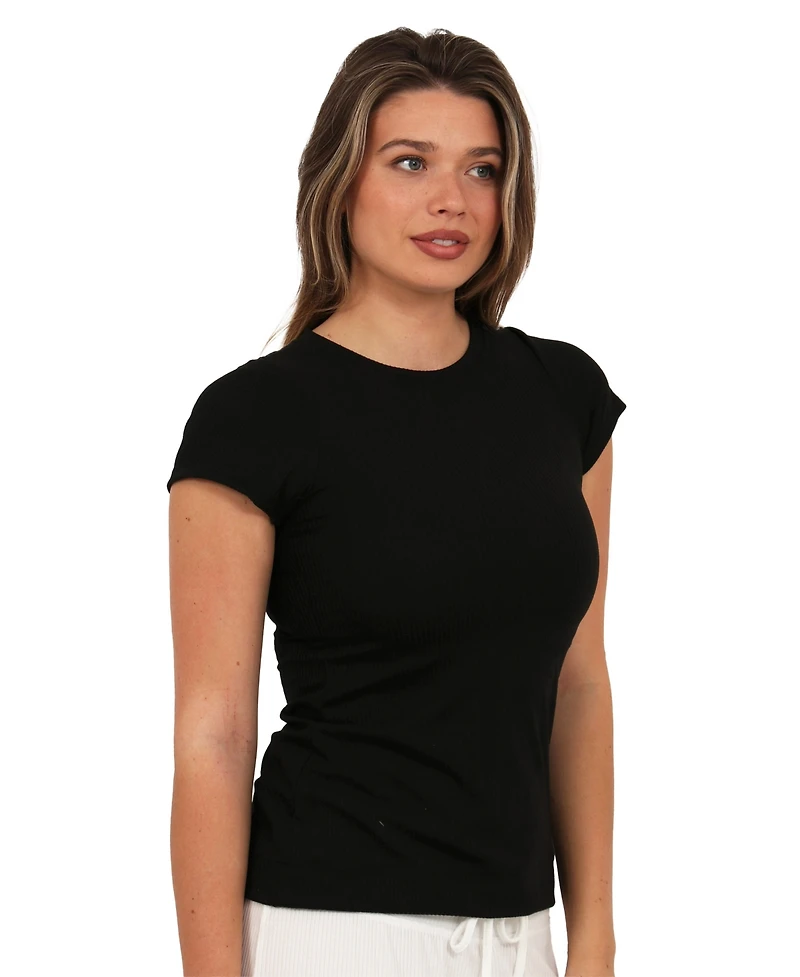 24seven Comfort Apparel Women's Ribbed Knit Short-Sleeve Top