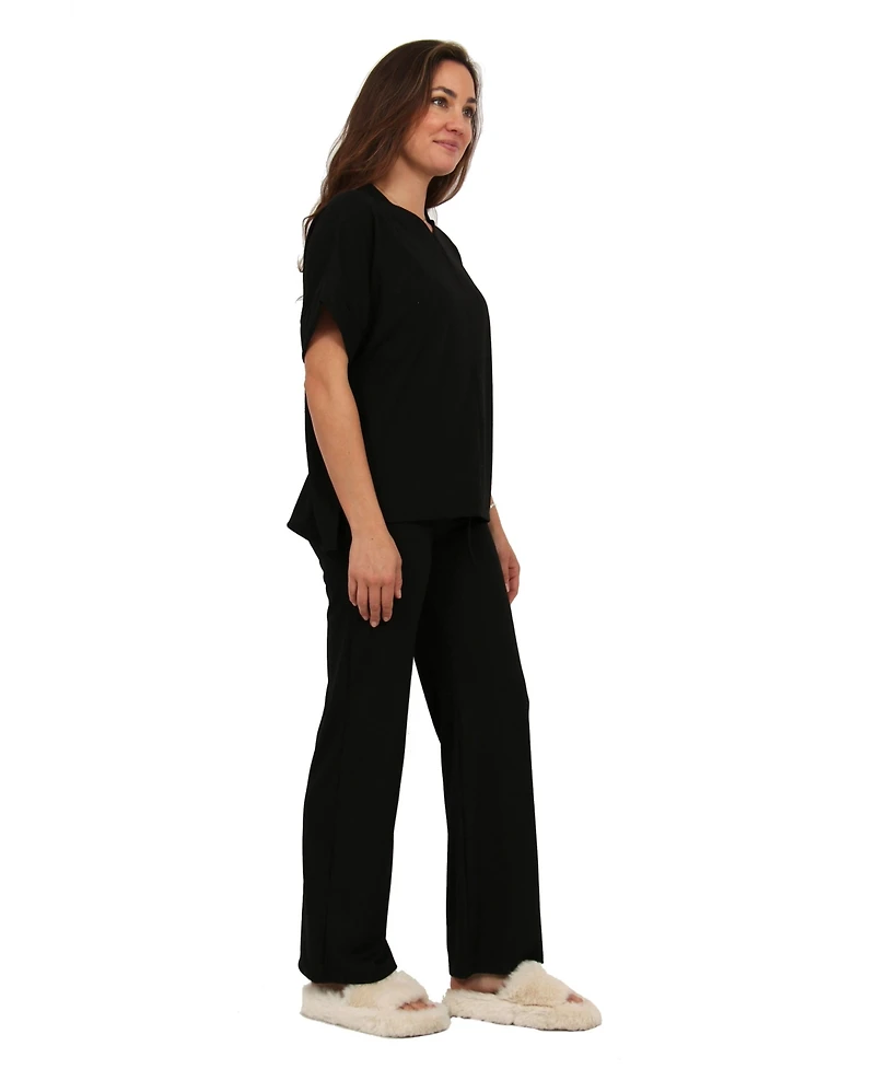 24seven Comfort Apparel Women's V-Neck Top and Drawstring Wide Leg Pant Set