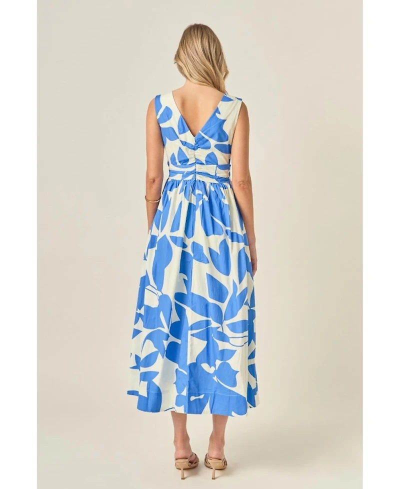 English Factory Women's Puff Sleeve Print Ruched Midi Dress