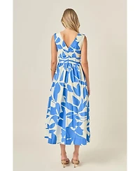 English Factory Women's Puff Sleeve Print Ruched Midi Dress