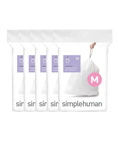 Simplehuman Code M 100pk Custom Fit Liners with 5 Quick Dispense Packs, 45L Kitchen Trash Bag Liners