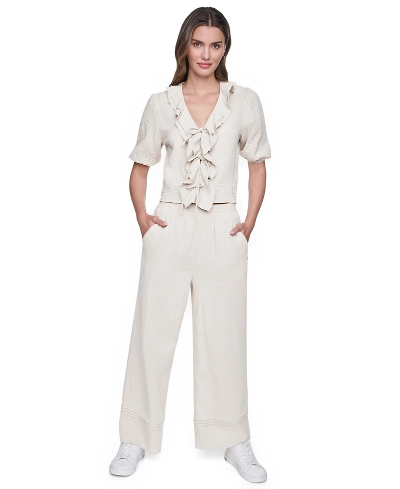 Dkny Jeans Women's V-Neck Short Puff Sleeve Tie-Front Shirt