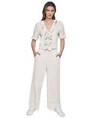 Dkny Jeans Women's V-Neck Short Puff Sleeve Tie-Front Shirt