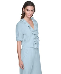 Dkny Jeans Women's V-Neck Short Puff Sleeve Tie-Front Shirt