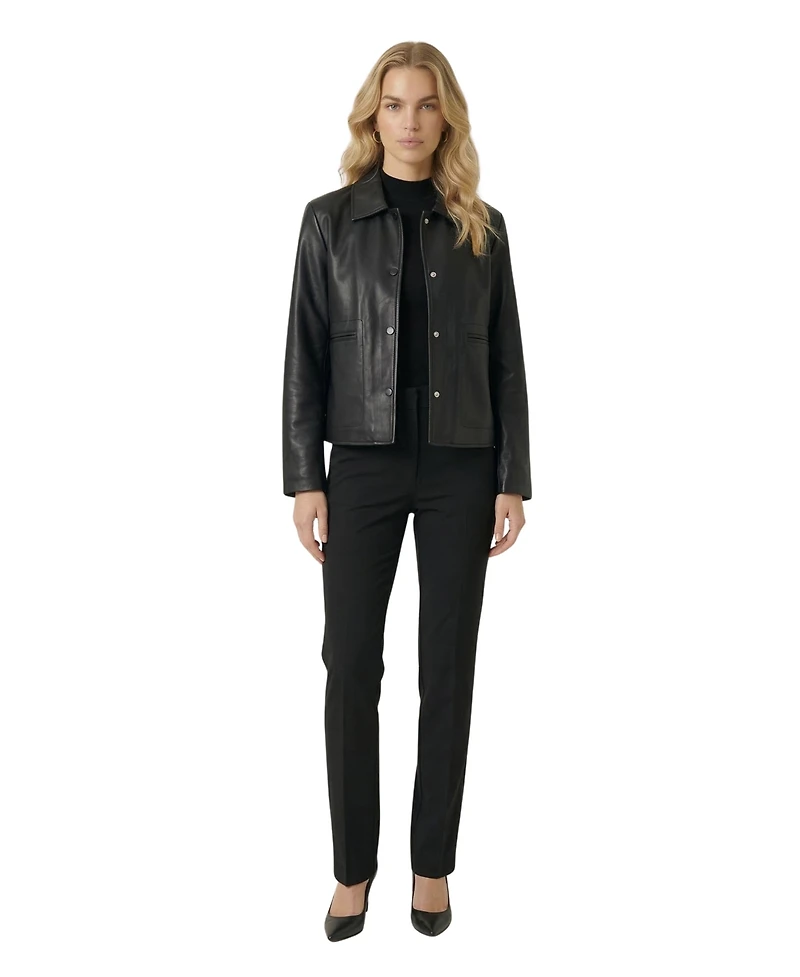 Modenaire Women's Leather Button-Front Collared Jacket