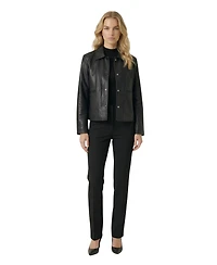 Modenaire Women's Leather Button-Front Collared Jacket