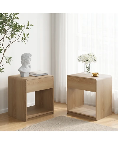 Rainsken Mid-Century Modern Nightstand Set of 2, Wooden Bedside Table with Storage Drawers, Open Shelves and Rounded Corners Design for Bedroom