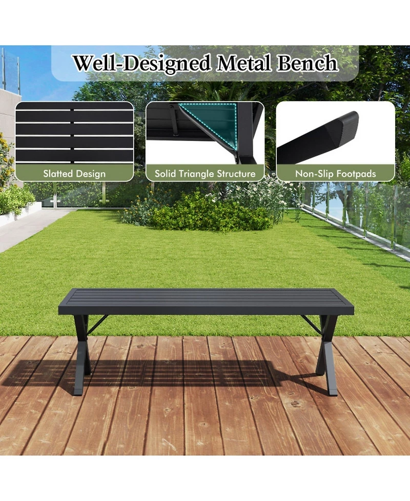 Sugift 54 in Patio Metal Bench with Slatted Seat and X-Shape Legs