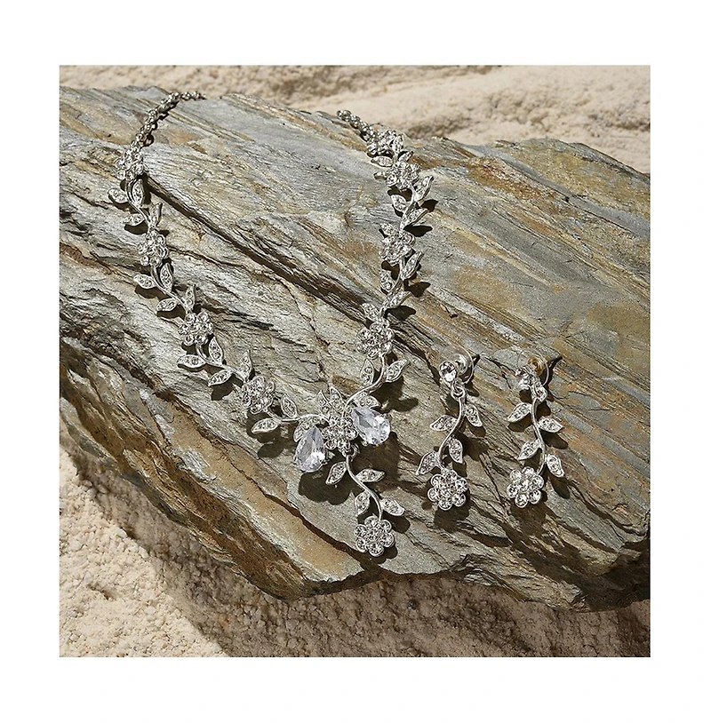 Sohi Women's Silver Intricate Embelished Flora Necklace And Earrings (Set Of 2)