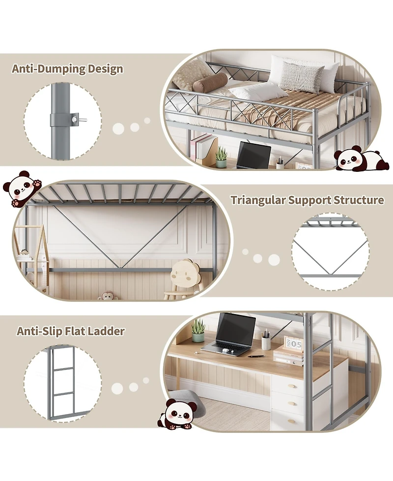 Homfan Metal Loft Bed Frame with Guardrail, Ladder and Underbed Clearance, Box Spring Not Required