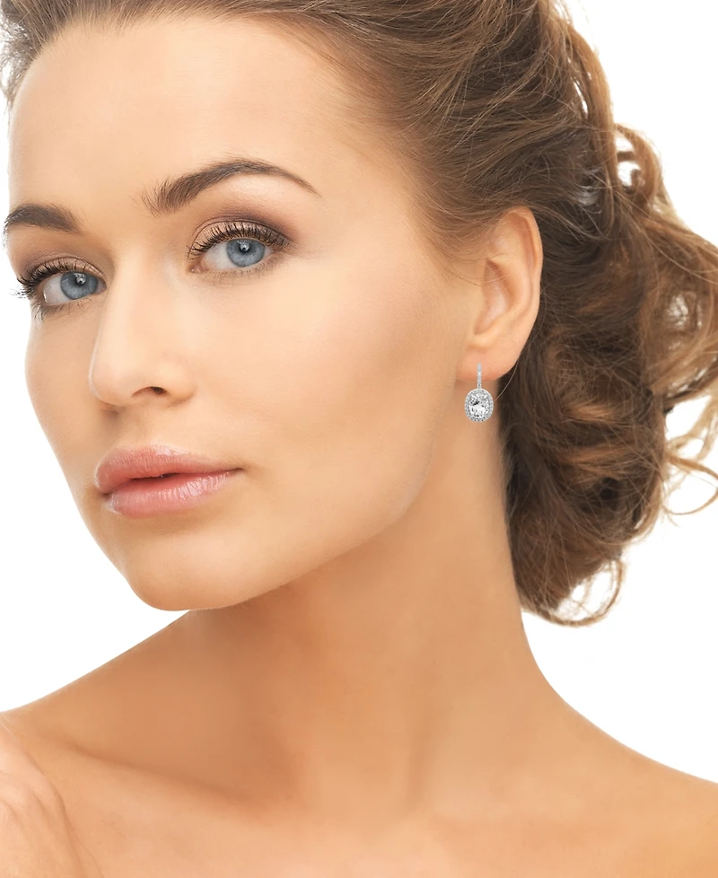 Macy's Lab Grown Blue Sapphire (6-1/3 ct. t.w.) & Lab Grown White Sapphire (1/2 ct. t.w.) Halo Oval Leverback Earrings in Sterling Silver