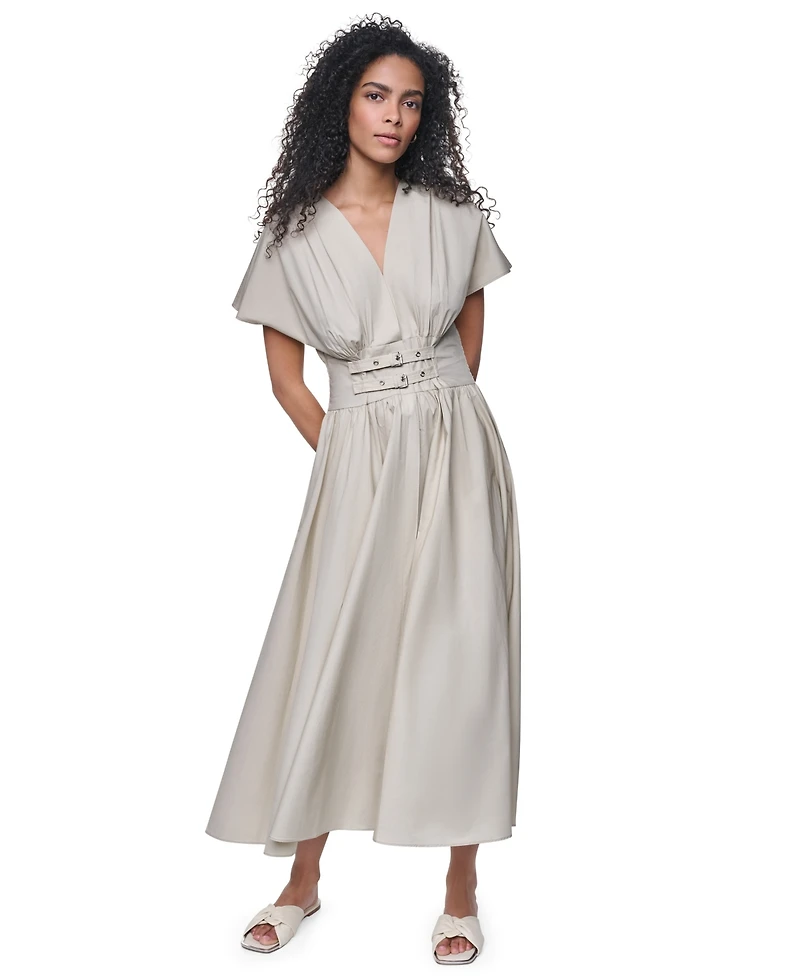 Dkny Jeans Women's Poplin Smocked-Waist V-Neck Midi Dress