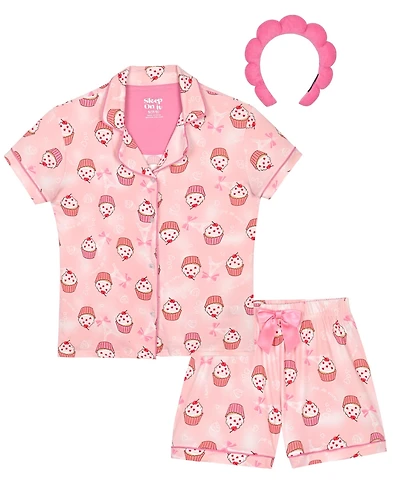 Sleep On It Girls' 7-16 Milky Cupcake Print Short Coat and Shorts with Headband, 3-Piece Set