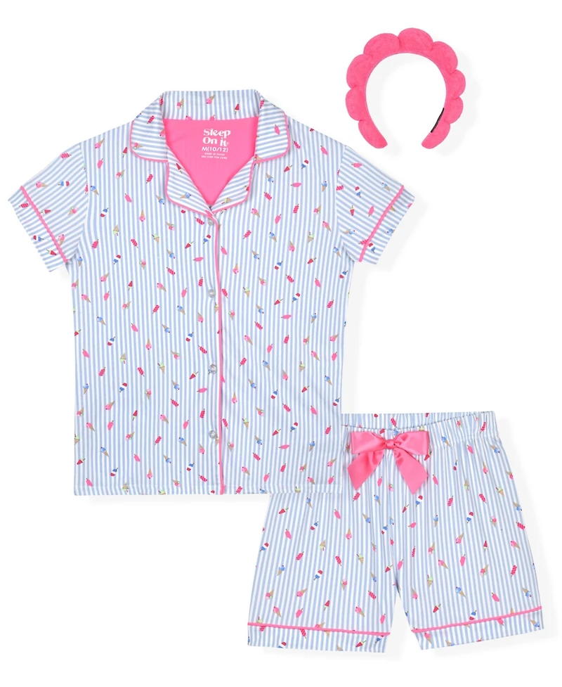 Sleep On It Girls' 7-16 Milk Stripe Ice Cream Print Coat and Shorts with Headband, 3-Piece Set
