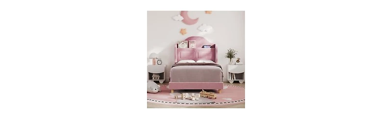 Set of 2 Twin Upholstered Bed for Kids - Soft Padded with Led Night Light, Storage and Sturdy Iron/Plywood/Sponge Frame Easy Assembly