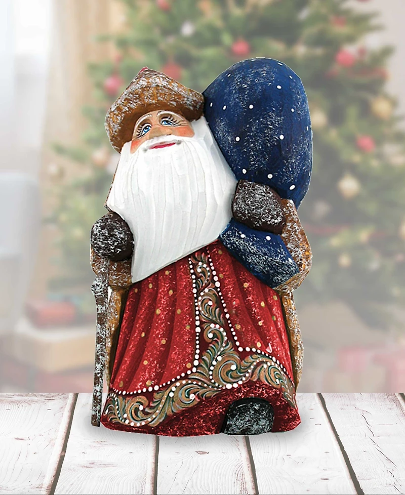 G.DeBrekht Woodcarved and Hand Painted Santa Yuletide Village Visitor with Bag Figurine