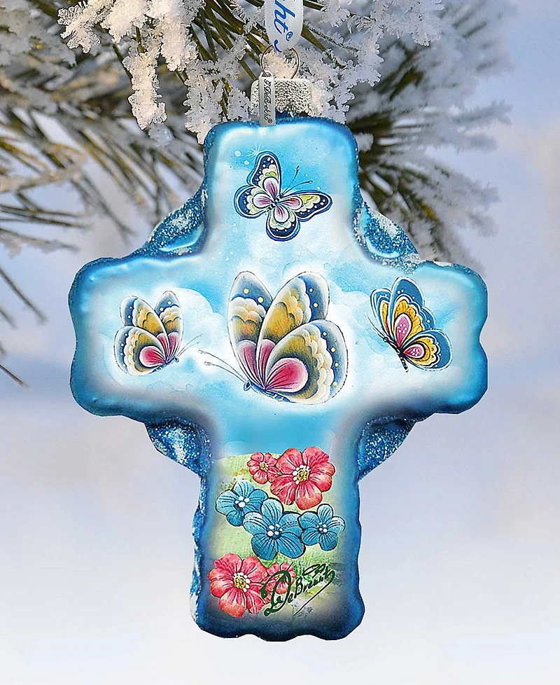 G.DeBrekht Blue Butterflies Cross Glass Ornament